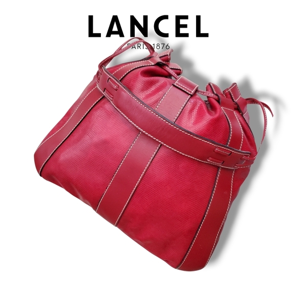 Lancel Paris Deep Red Leather Drawstring Bucket Bag Shoulder Purse Elsa Sellier - Picture 5 of 14